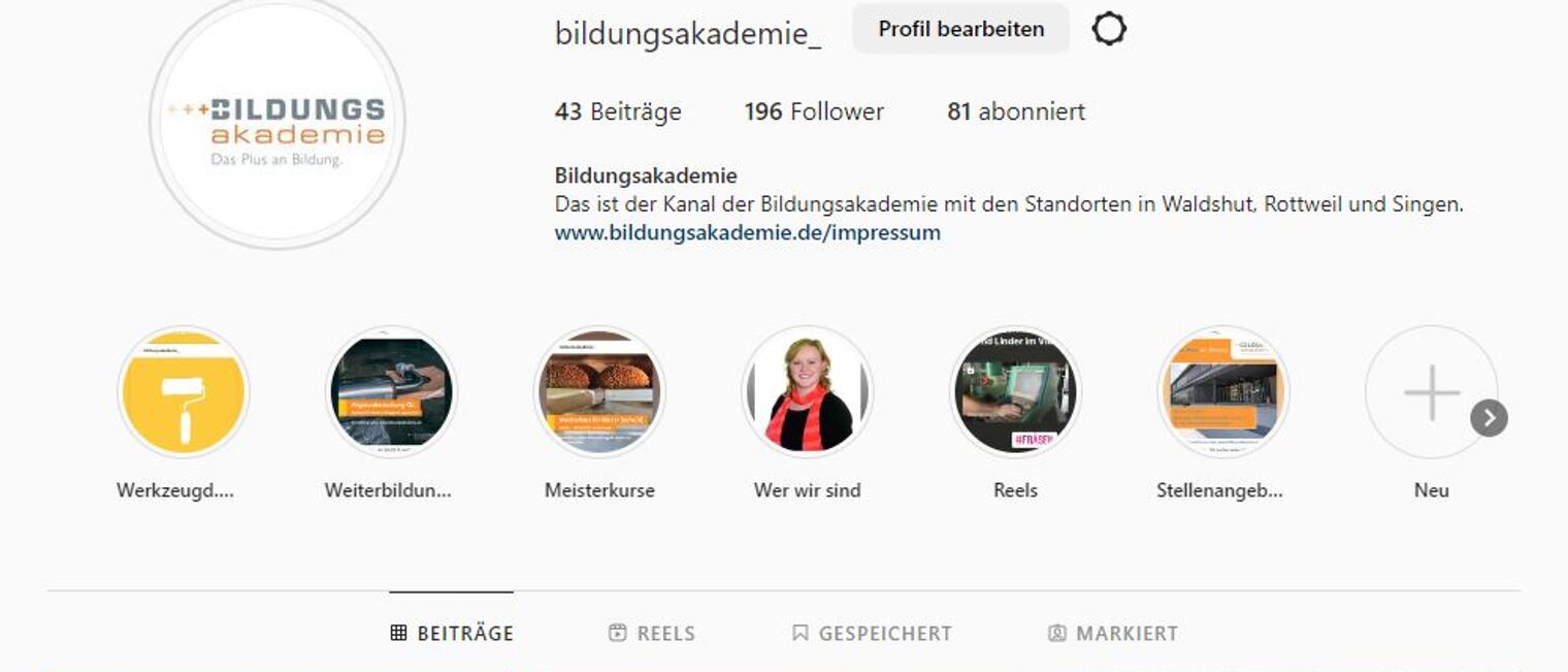 Screenshot der Instagram Seite der Bildungsakademie. 