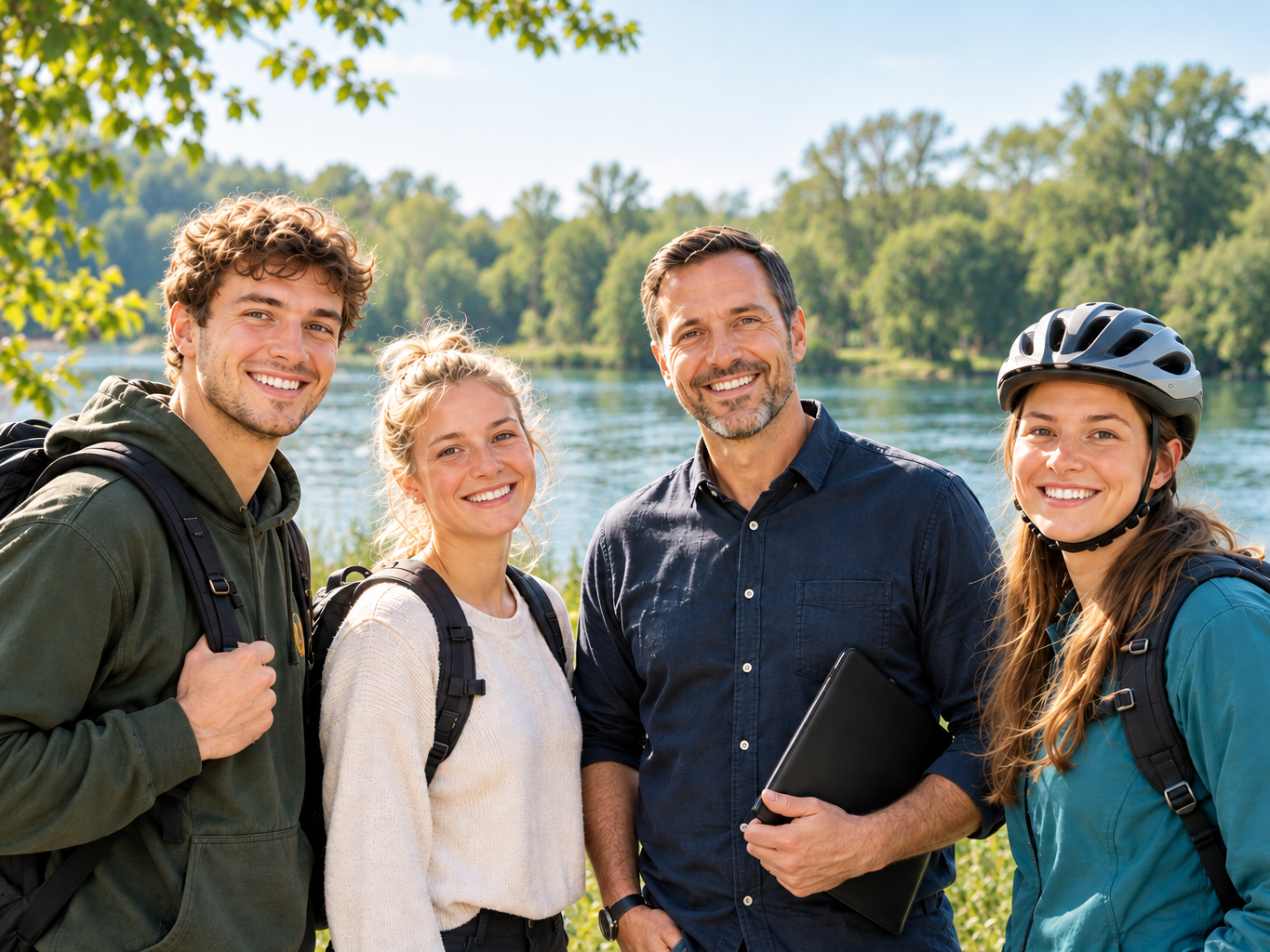 Symbolbild für Wohnheim in Waldshut mit jungen Backpackern, Dozent und Radfahrerin.